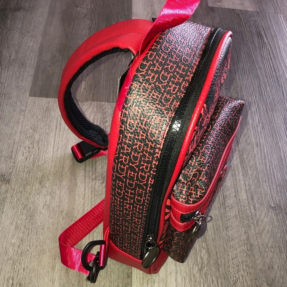 Ed Hardy Red & Black Faux Leather Cat Out Of Hell Unisex Sling Backpack NWT